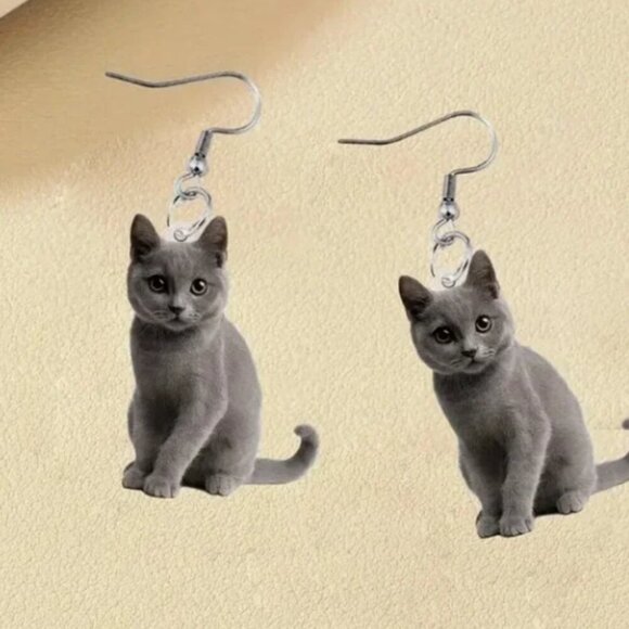 Calling All Cat Lovers | Women's Girls Gray Dangle Cat Earrings - Gift - Picture 5 of 6